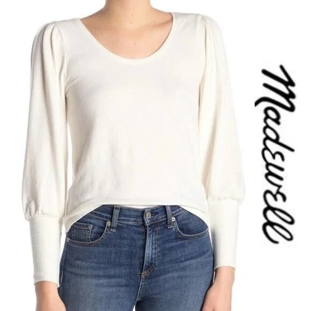 Madewell Women's Puff-Sleeve Scoopneck Soft Knit Sweater White Size Medium